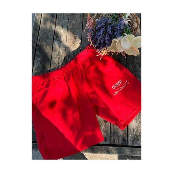 80s DOMO Red Canvas Shorts Drawstring Elastic Waist We Jump To The Pump Unisex - Picture 1 of 6